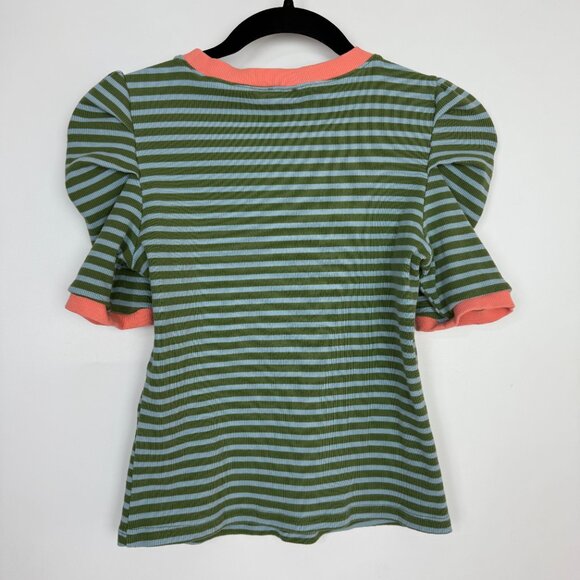 Anthropologie Maeve Ribbed Striped Puff Sleeve Top Green/Blue Small - Picture 5 of 9